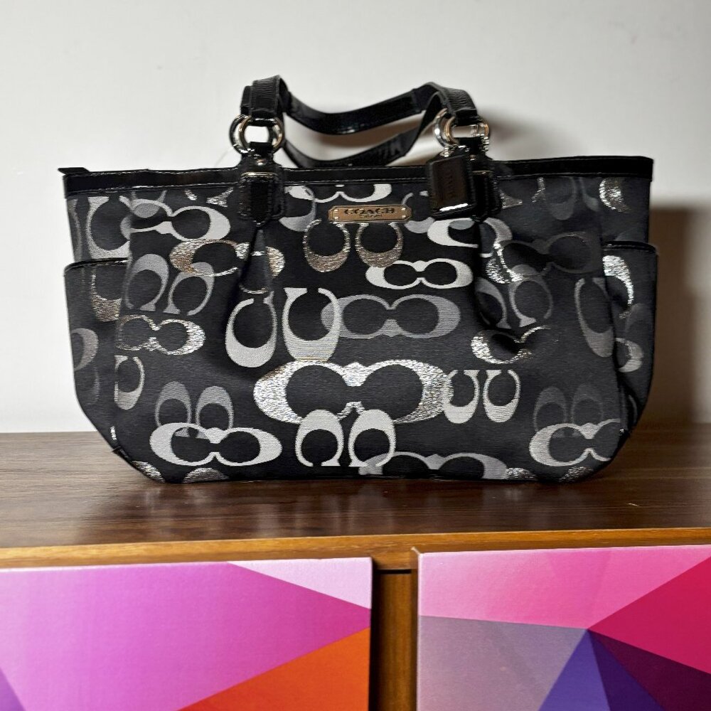 Coach Black and Silver Signature Canvas Tote Bag